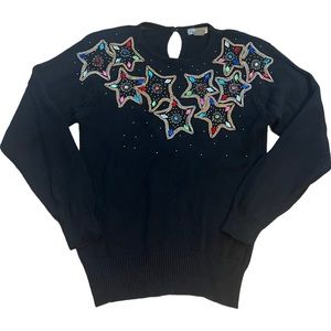 Lindsey Blake Women’s Vintage Jewel Embellished StR Holiday Black Sweater SzM